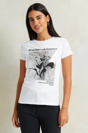 Women White Floral Foil T-Shirt