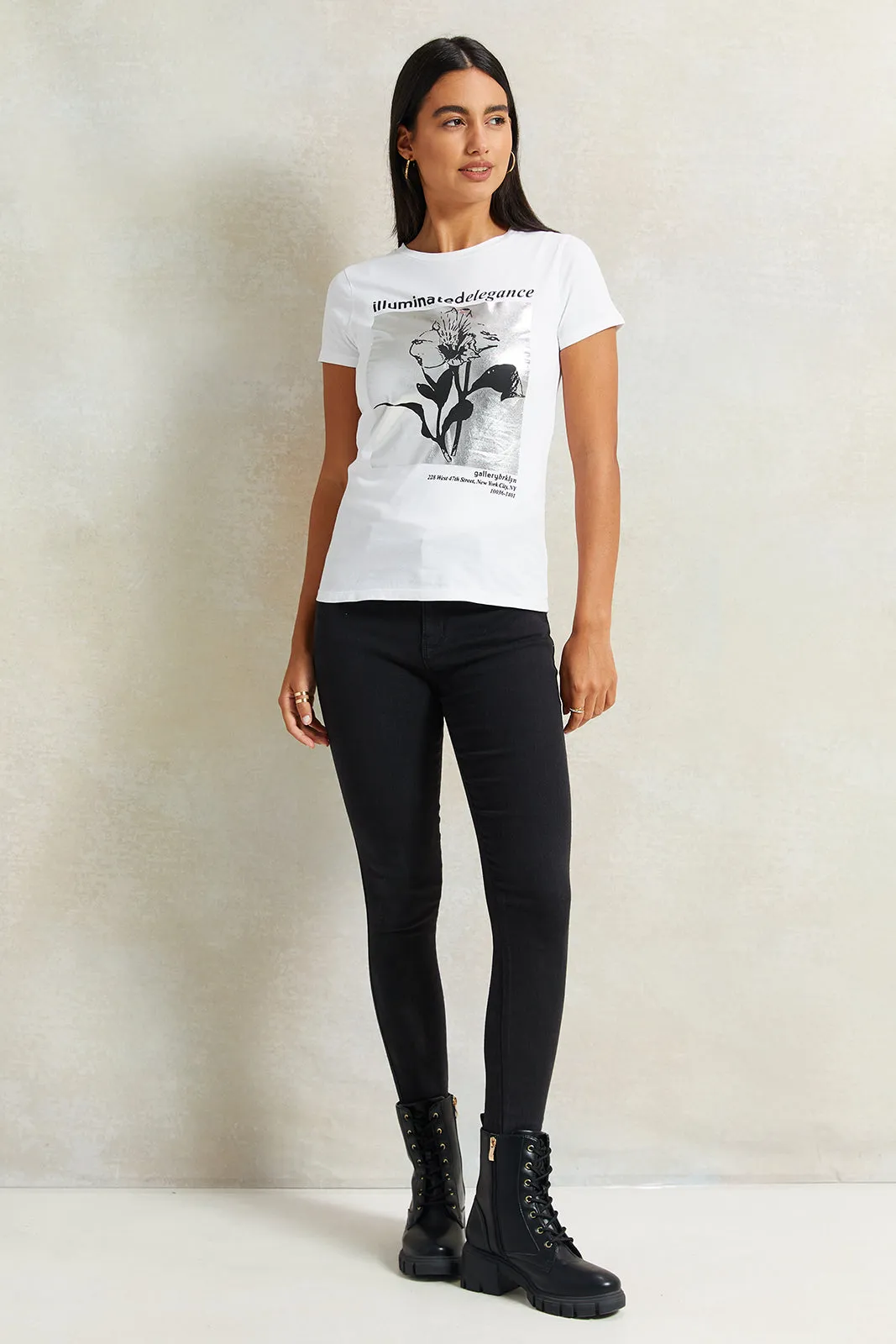 Women White Floral Foil T-Shirt